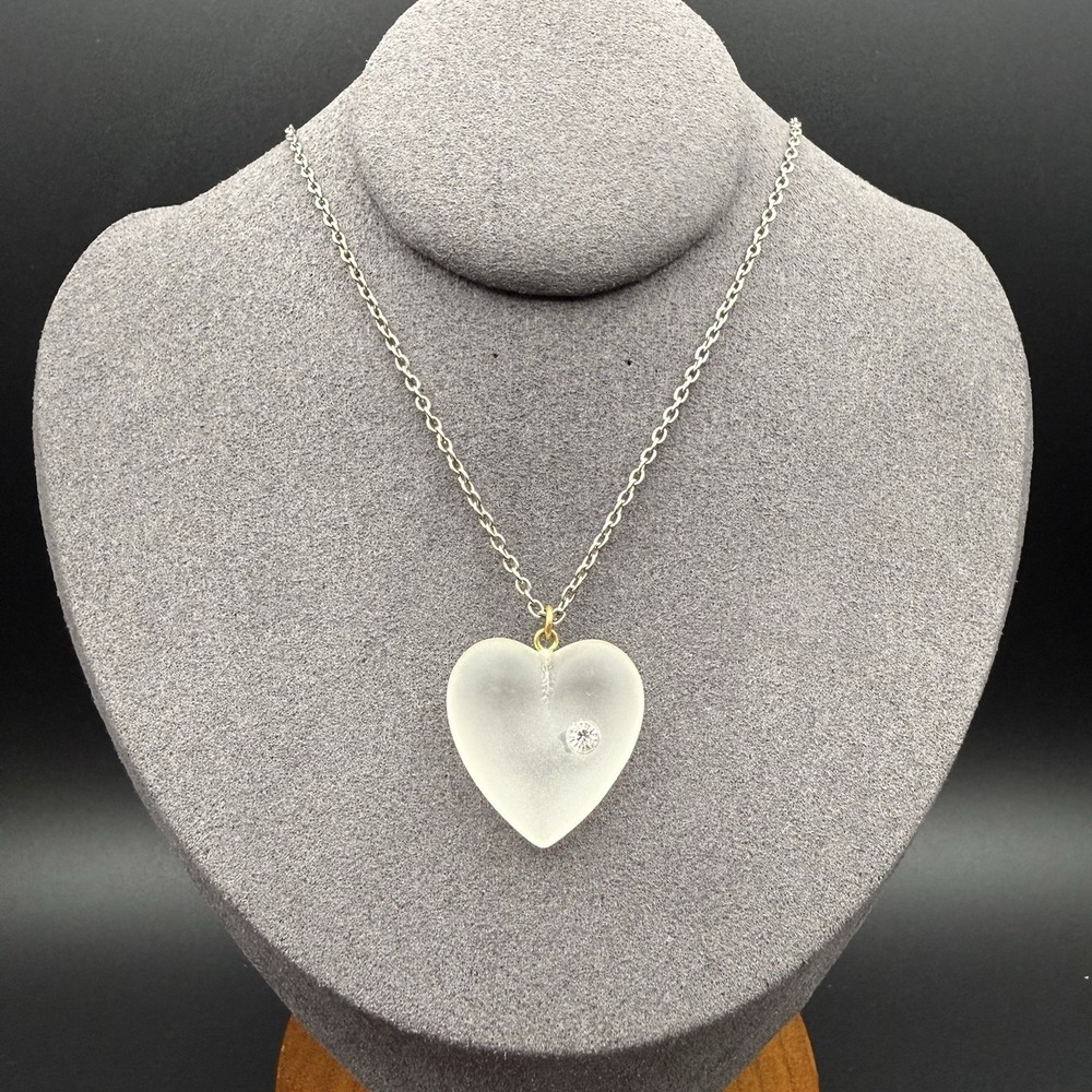 Vintage Frosted Lucite Heart Pendant Necklace Silver Tone Rhinestone 16"